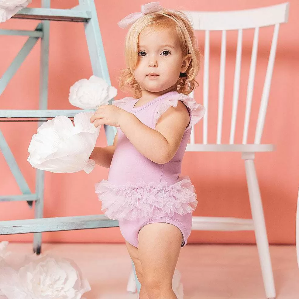 Posh Peanut Tulle Sleeve Ruffled Back Bodysuit Clearance